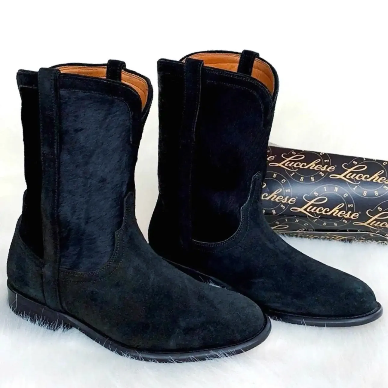 LUCCHESE Calf Hair On Western Roper Black Cowboy Boots