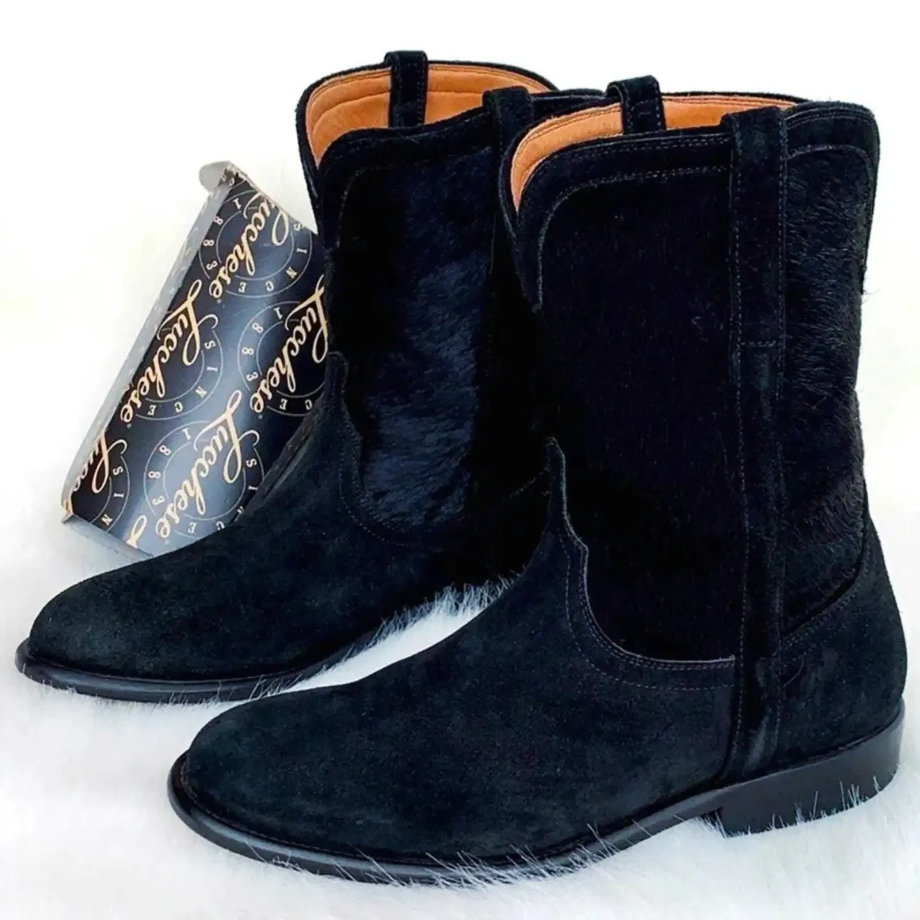 LUCCHESE Calf Hair On Western Roper Black Cowboy Boots