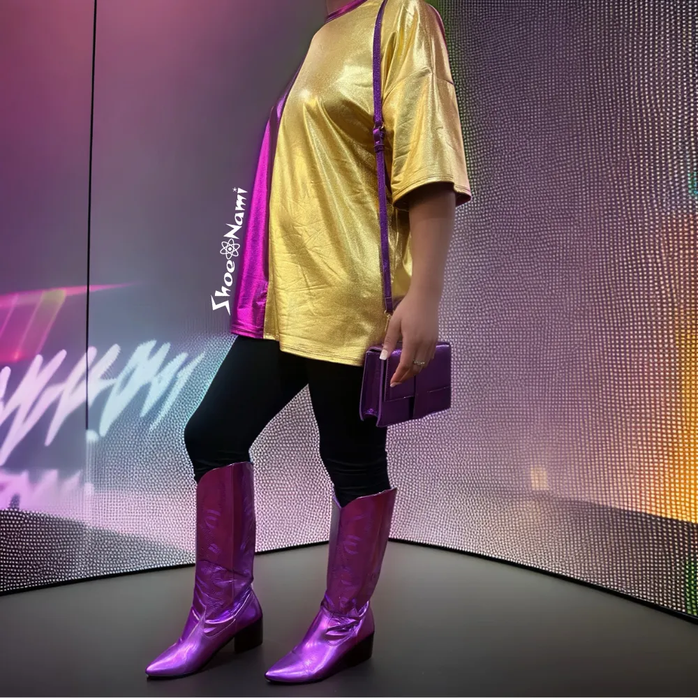 MALENA/2024 Purple Metallic Faux Leather Cowboy Boot Western Styling with Stitching Detail