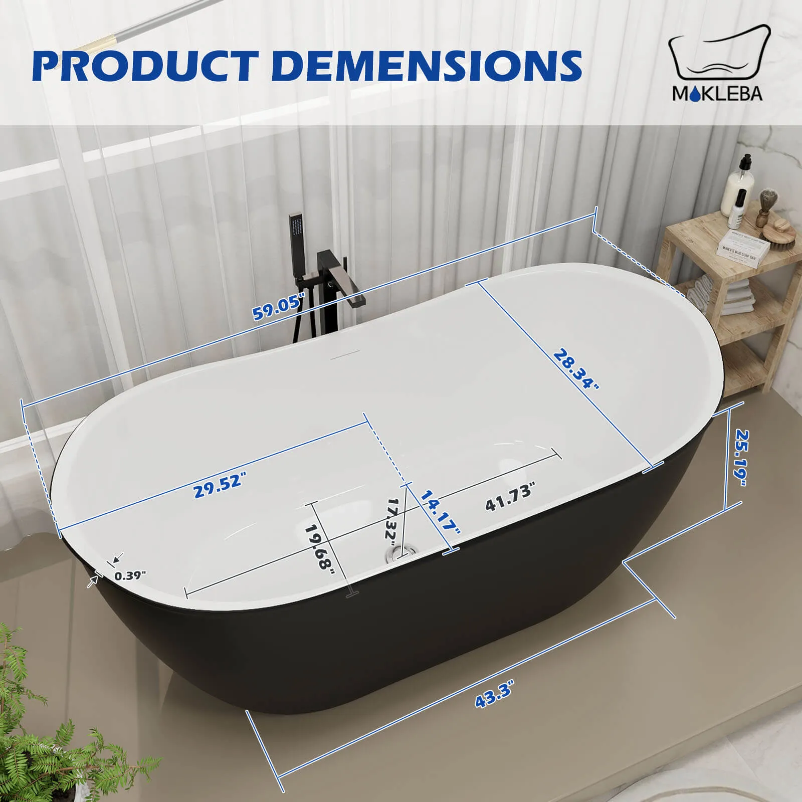 Mokleba 59'' Acrylic Double Slipper Freestanding Bathtub Deep Soaking Tub