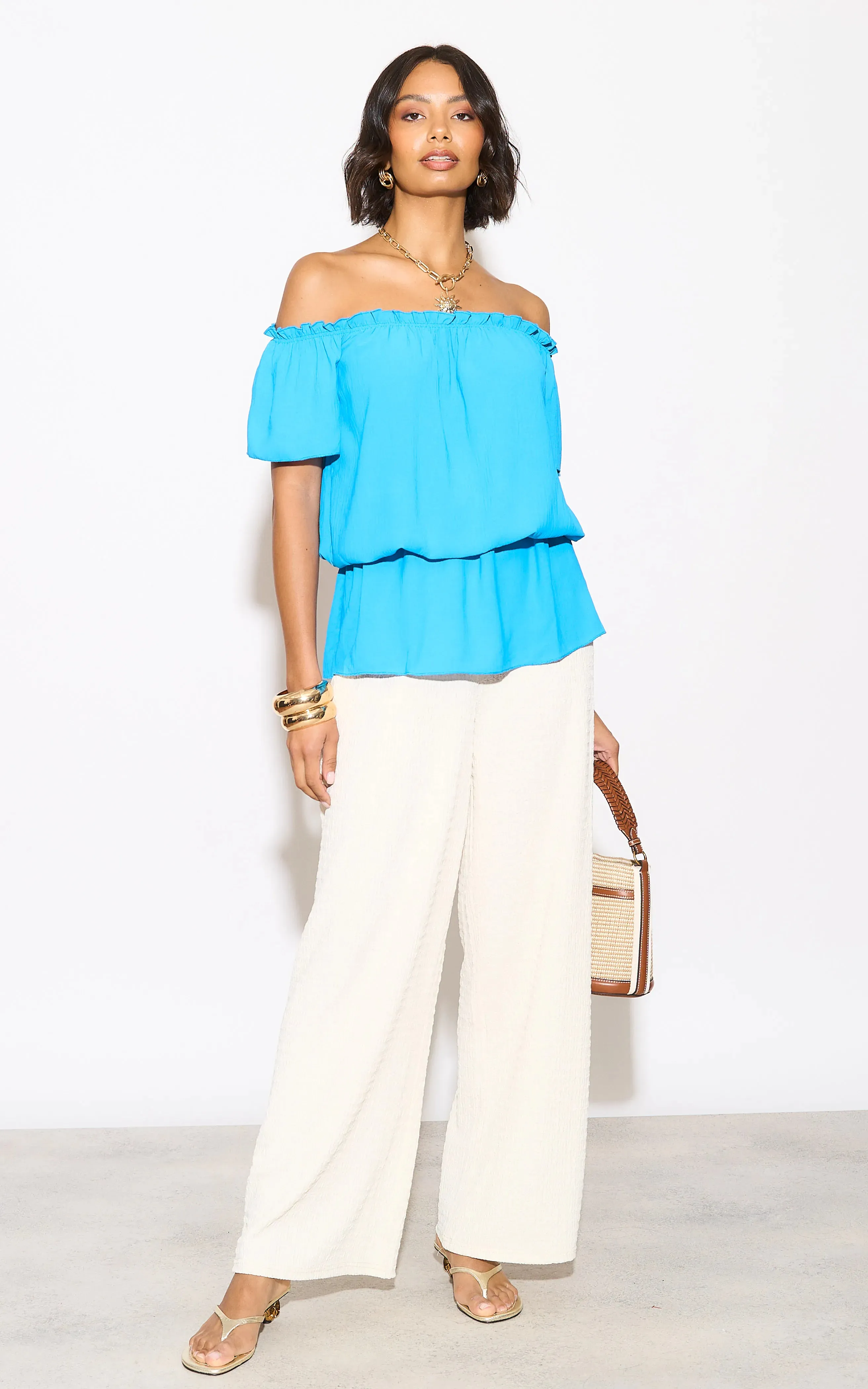 Off Shoulder Bardot Summer Top in Blue