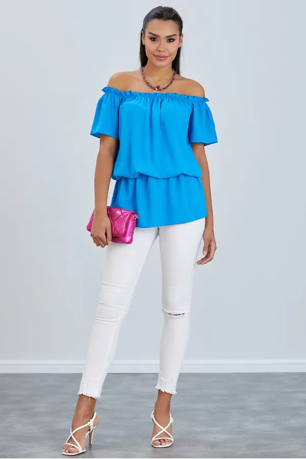 Off Shoulder Bardot Summer Top in Blue
