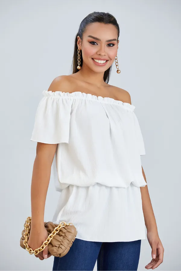 Off Shoulder Bardot Summer Top in Ecru