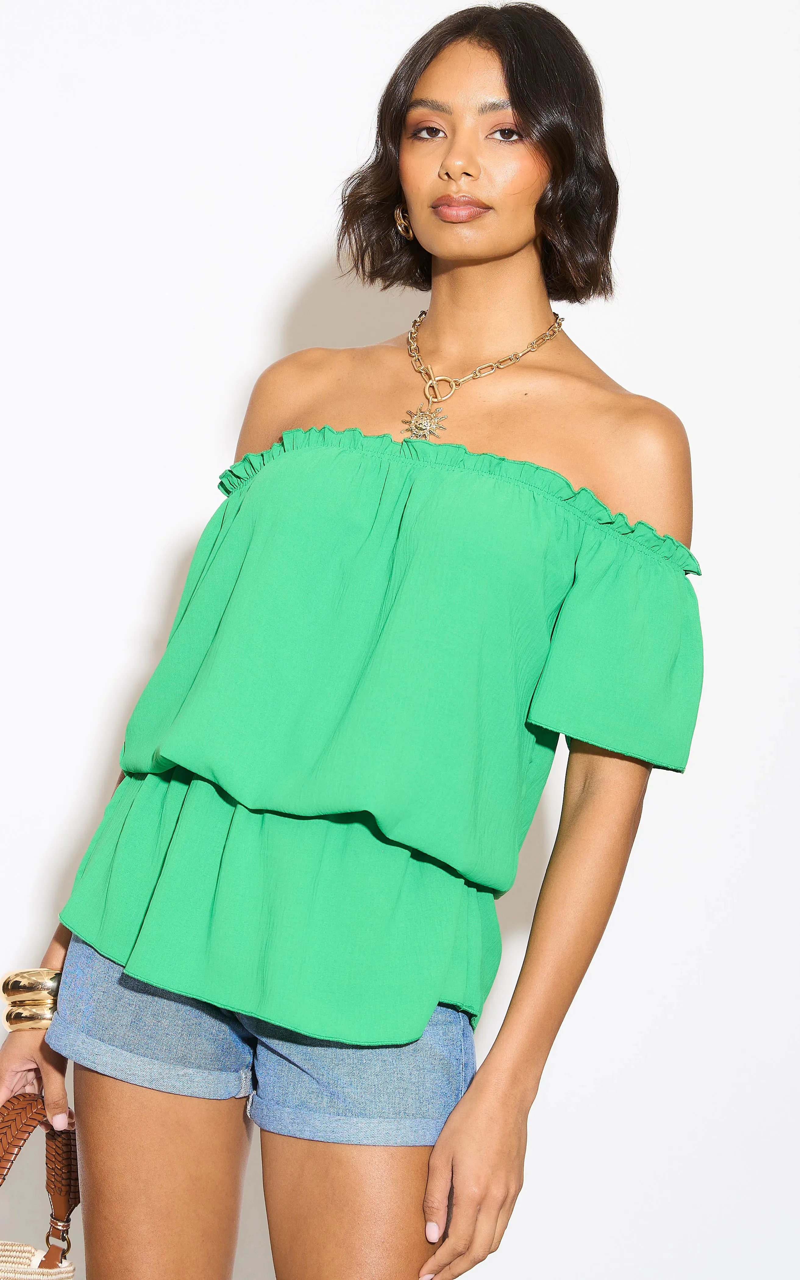 Off Shoulder Bardot Summer Top in Green