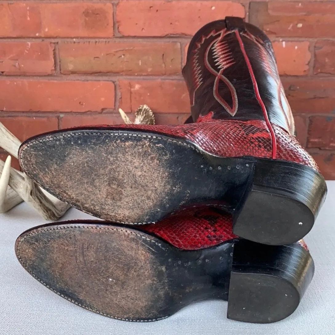 PANHANDLE SLIM Vintage Red Snakeskin Python Black Leather Cowboy Western Boots