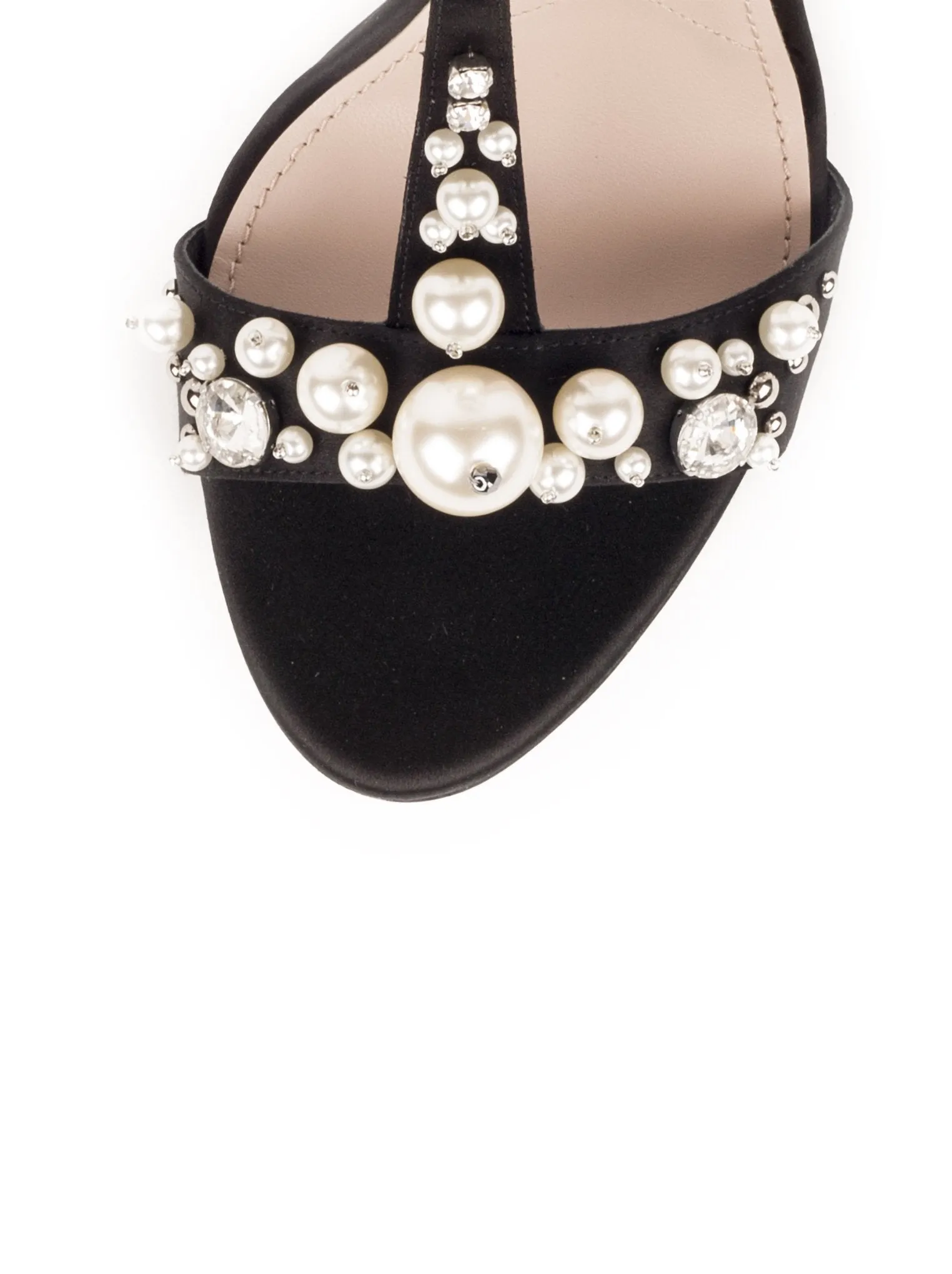 Pearl Embellished Suede T-Strap Sandal - Black