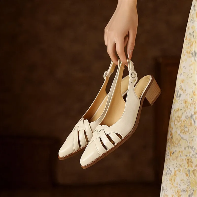 Purpdrank - Summer Sandals Genuine Leather Sandals Casual French Retro Pointed Toe Hollow Out GLADIATOR Sheepskin Sandals Thick Heel Shoes