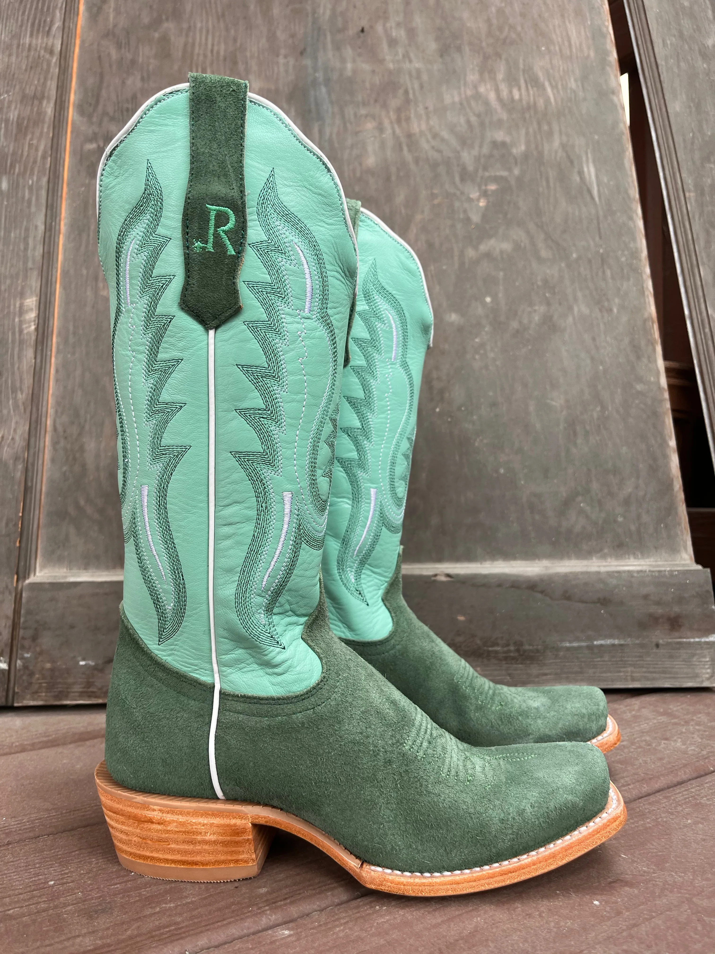 R. Watson Women's Teal Roughout Narrow Square Toe Cowgirl Boots RWL8419