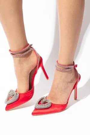 Red Rhinestones Heart Closed Toe High Heels