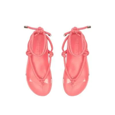 Schutz Siena Sport Pink Faux Leather Vinyl Strap Ankle Lace Up Low Heel Sandals