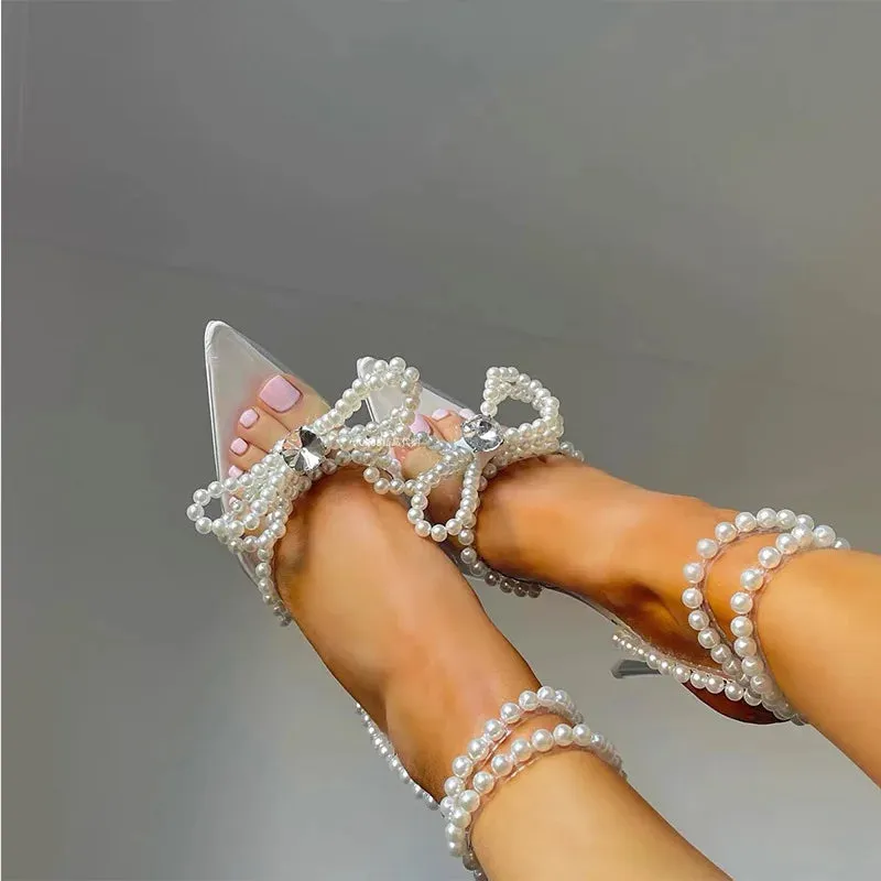 Sohiwoo Pointed High Heels  Fashion Women's Shoes Transparent Water Diamond Pearl Bow Tie Wrapped Sandals for Women