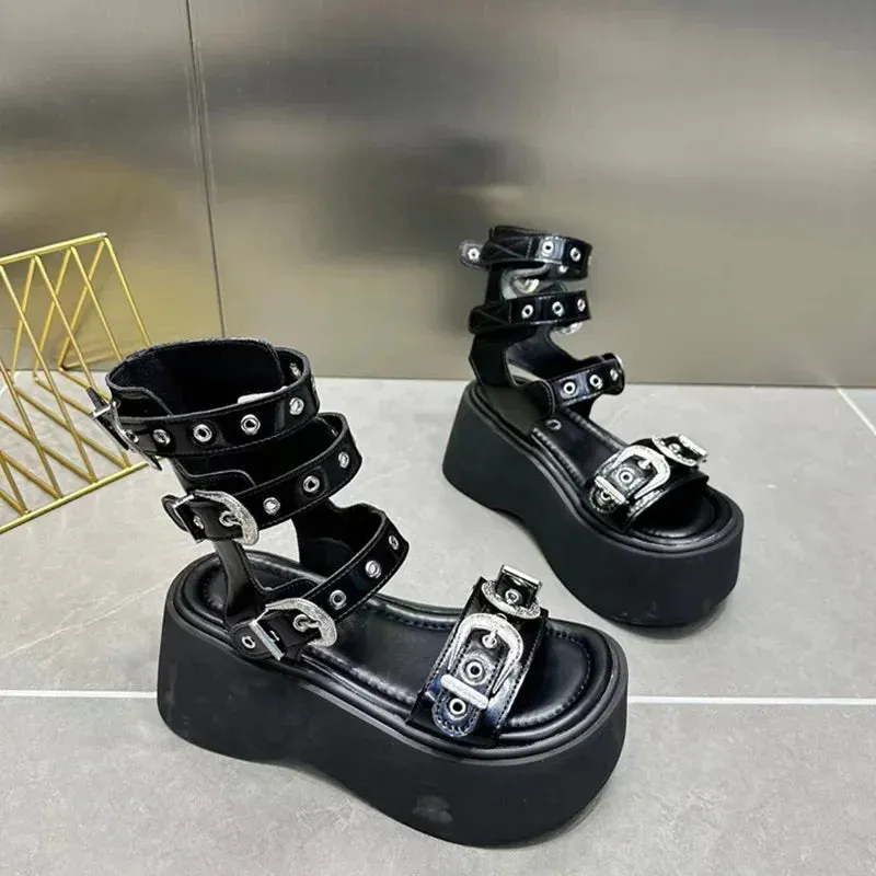 Sohiwoo Summer Chunky Women Sandals Fashion Metal Decoration Platform Shoes Ladies Outdoor Dress Gladiator Pumps