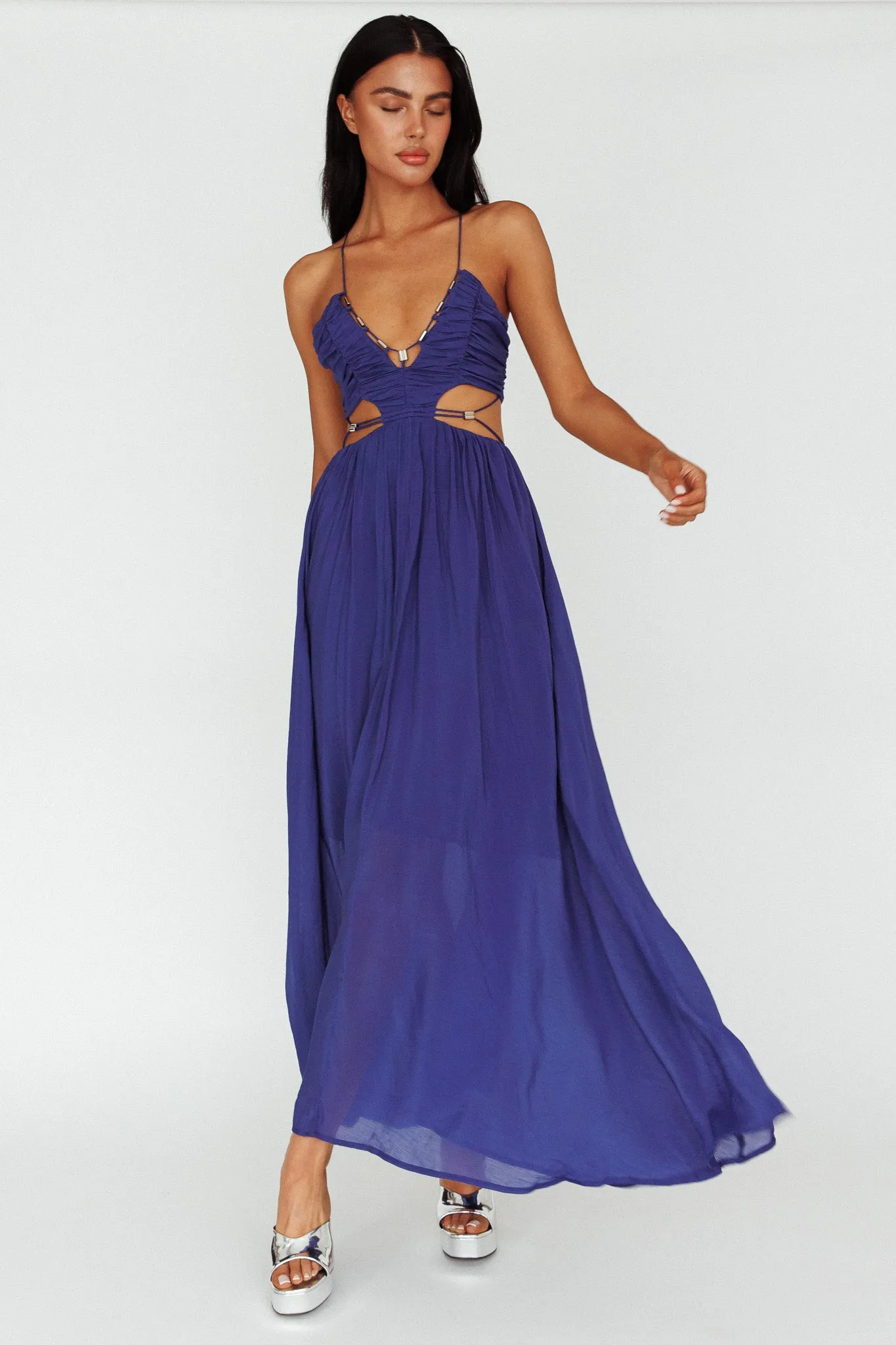 Tenyl Open Back Strappy Midi Dress Navy
