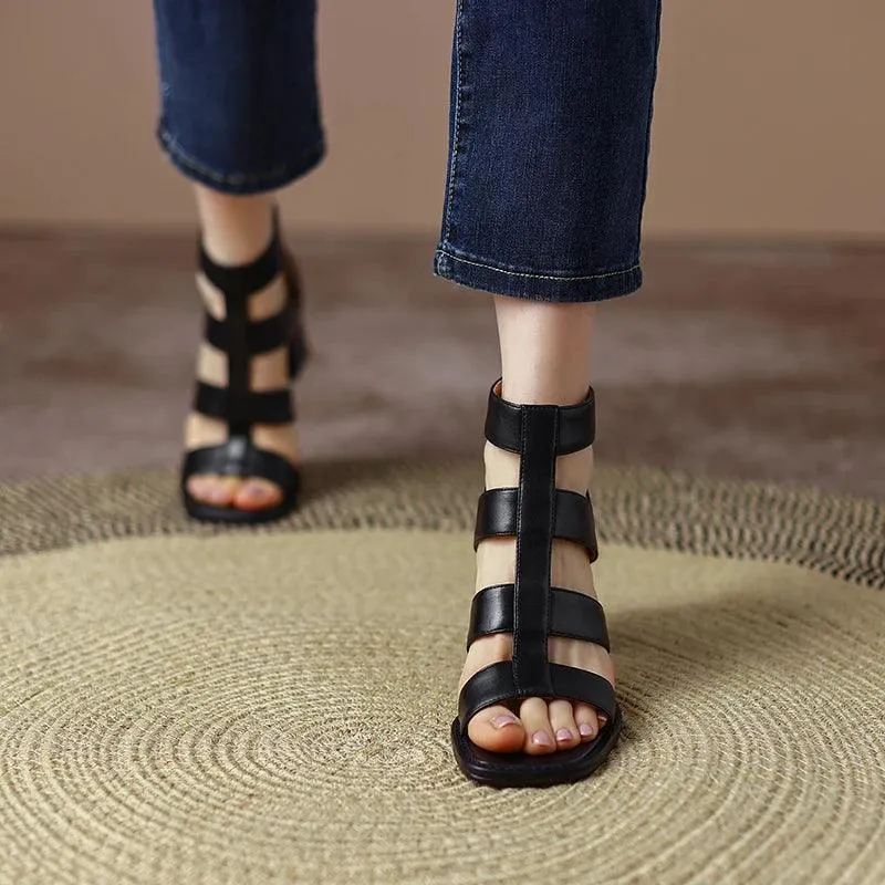 TSS15 Women's Casual Shoes - Rome Leather Sandals With Thick High Heels