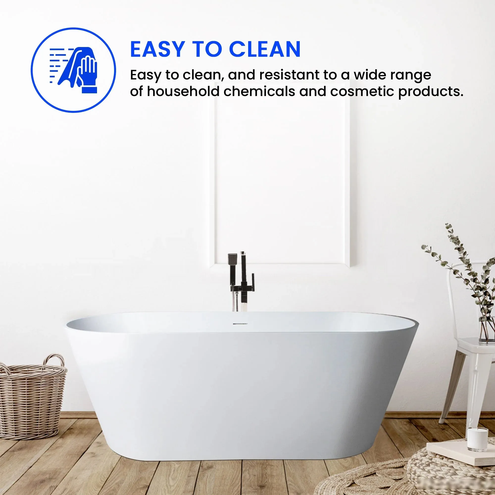 Vanity Art Alsace 59" Bathtub Free-Standing Center Drain Slotted Overflow Resin Stone Glossy White VA6912-GS New