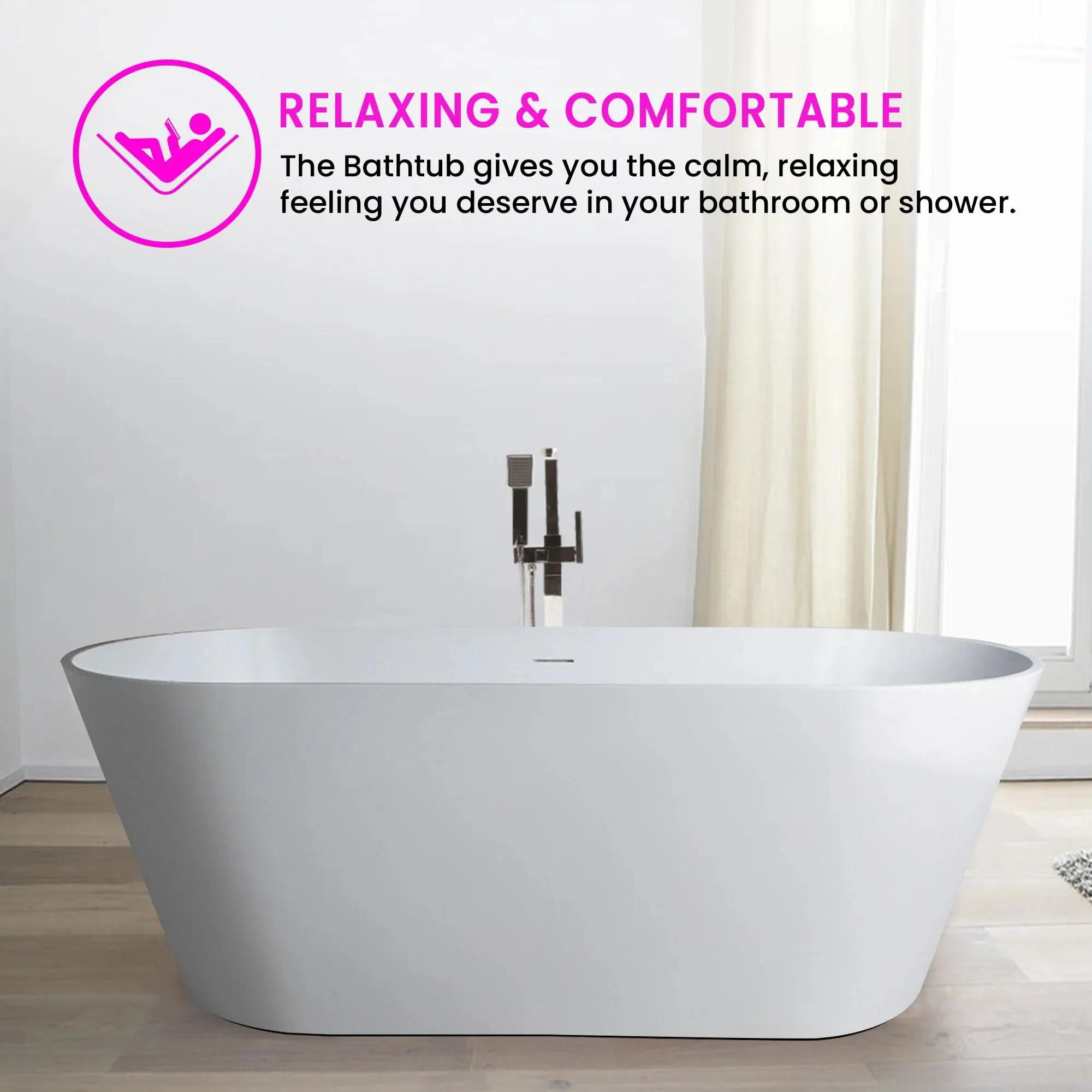 Vanity Art Alsace 59" Bathtub Free-Standing Center Drain Slotted Overflow Resin Stone Glossy White VA6912-GS New