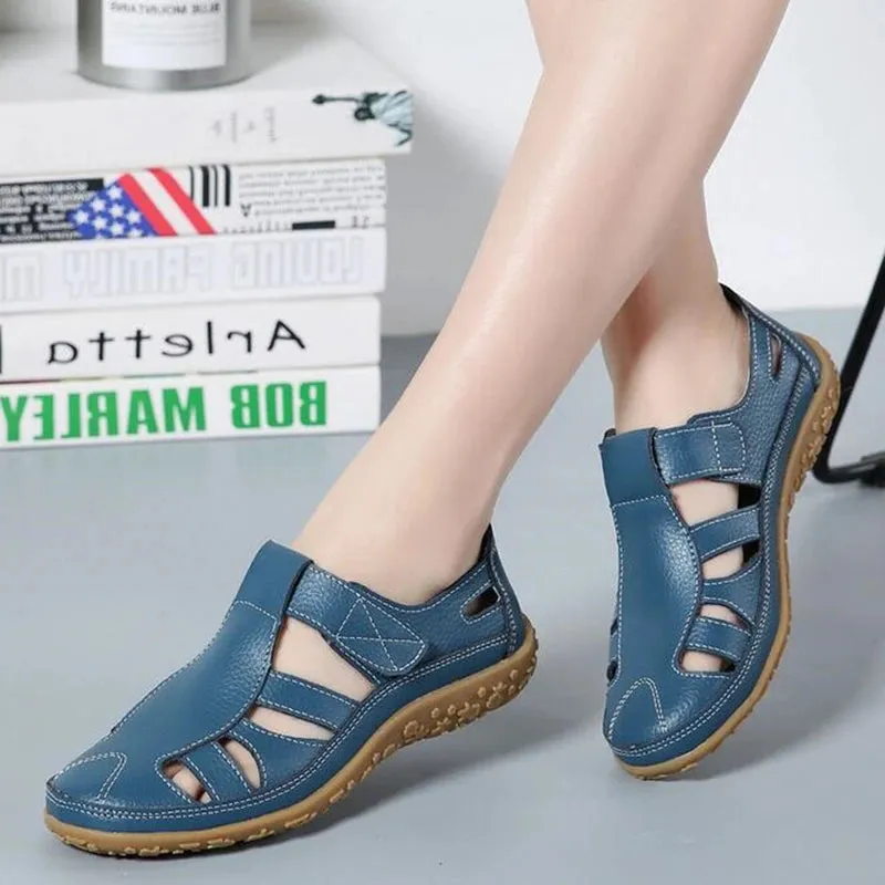 Women Genuine Leather Sandals Casual Summer Ladies Closed Toe Beach Sandals Women Flats