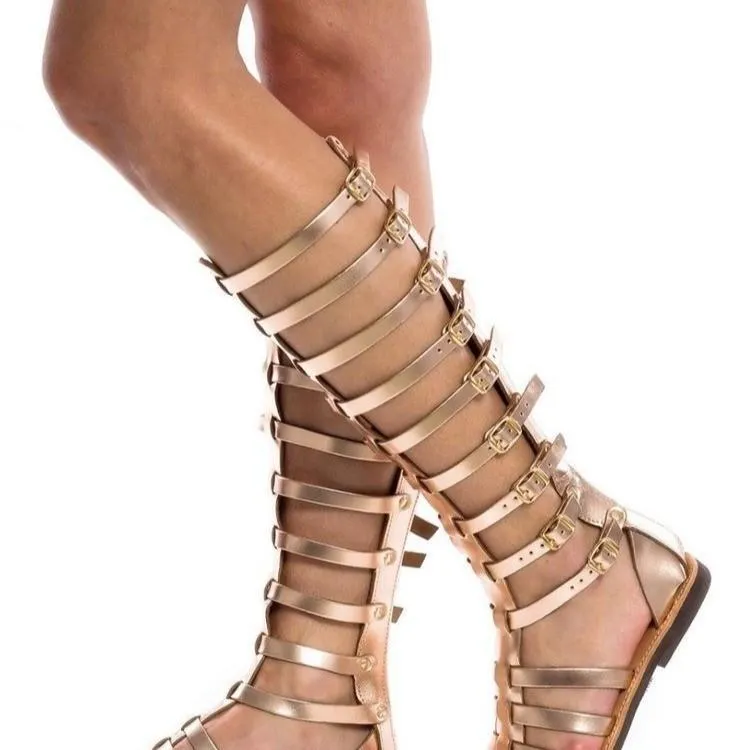 Women peep toe flat hollow strappy buckle zipper gladiator sandals