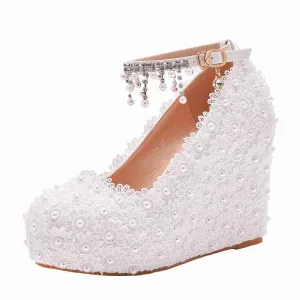 Women Wedding Platform Wedges Shoes Stick Lace Flowers Bride Pumps