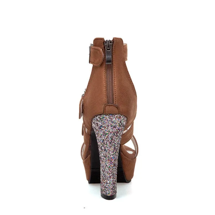 Women's Buckle Straps Sequins Block Heel Platform Gladiator Sandals