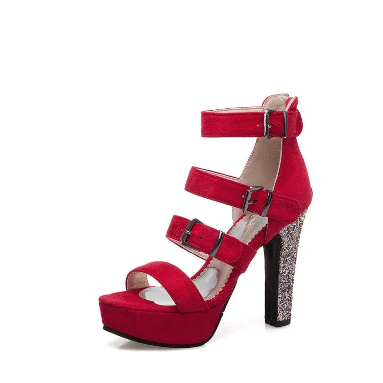 Women's Buckle Straps Sequins Block Heel Platform Gladiator Sandals
