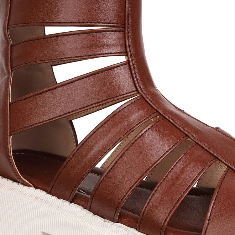 Women's Solid Color Hollow Out Low Block Heels Gladiator Sandals