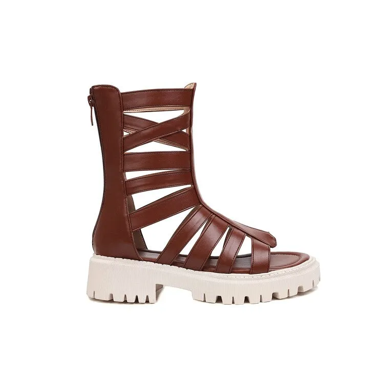 Women's Solid Color Hollow Out Low Block Heels Gladiator Sandals