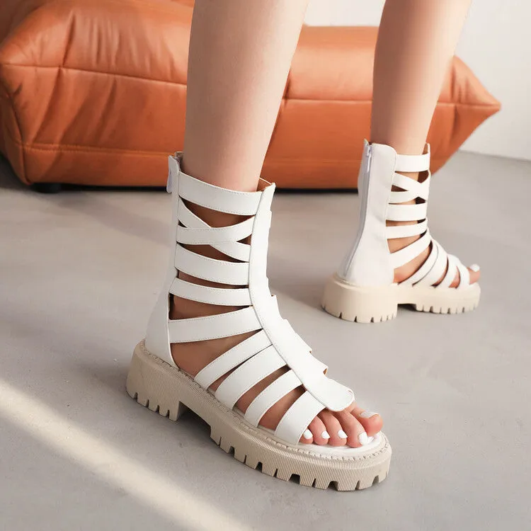 Women's Solid Color Hollow Out Low Block Heels Gladiator Sandals