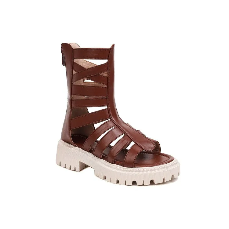 Women's Solid Color Hollow Out Low Block Heels Gladiator Sandals