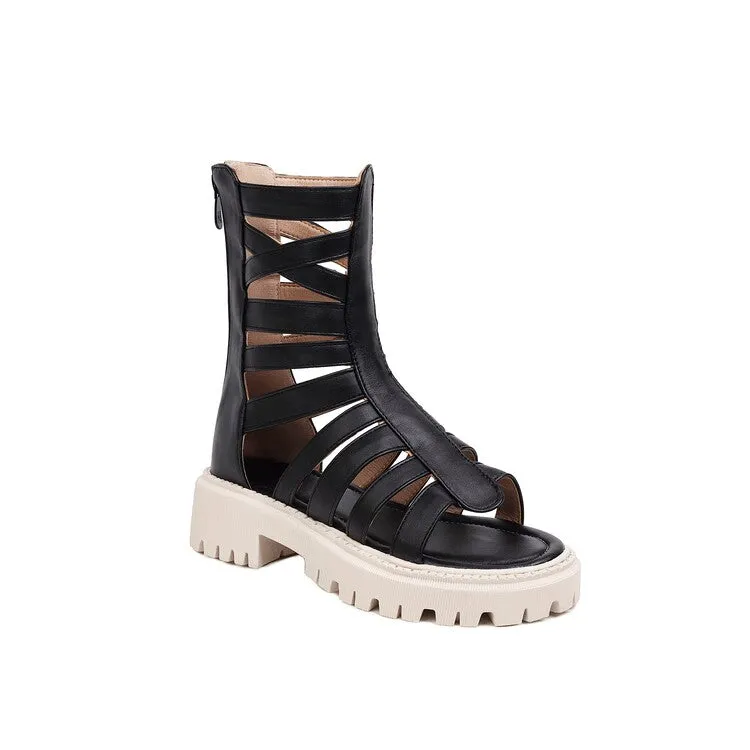 Women's Solid Color Hollow Out Low Block Heels Gladiator Sandals