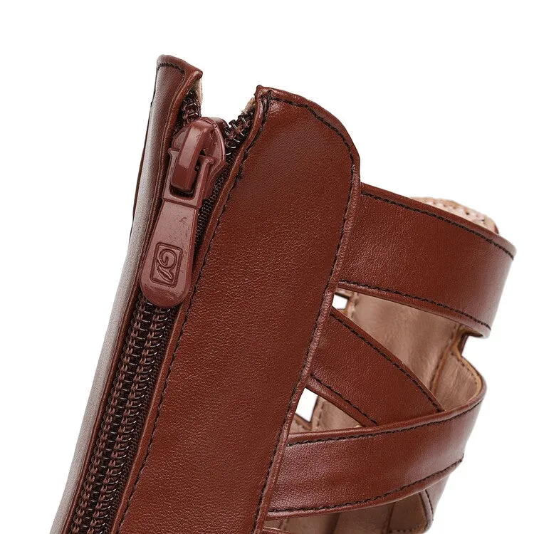 Women's Solid Color Hollow Out Low Block Heels Gladiator Sandals